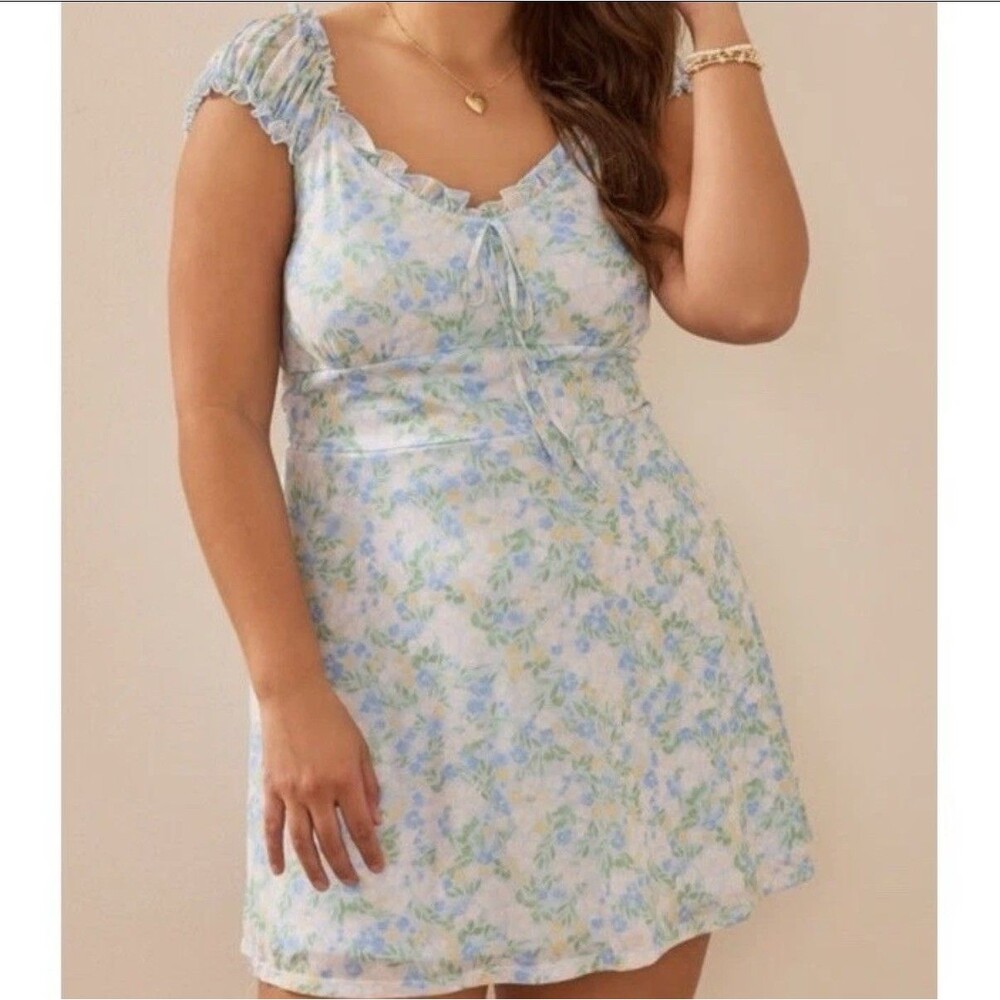 NWT Arula Blue Floral Mini Dress Plus Size 2X Smocked Back Milkmaid Cottagecore